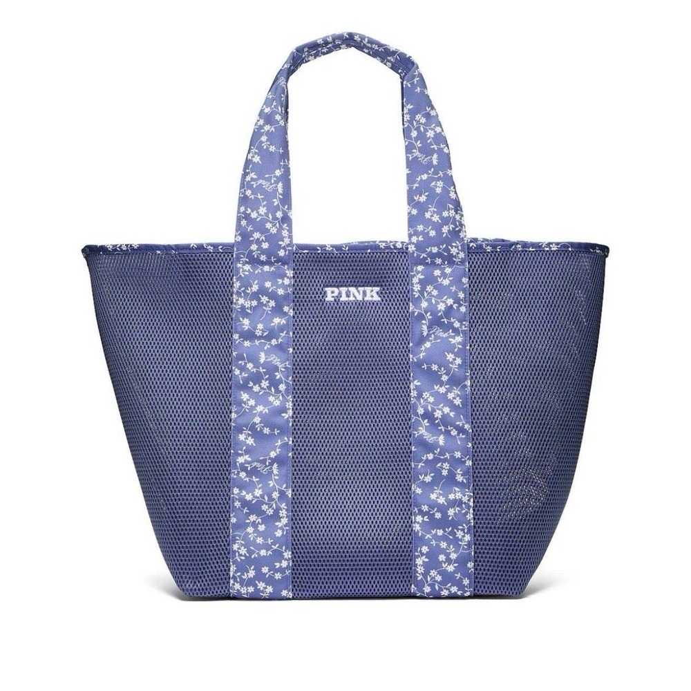 PINK by Victoria's Secret Large Blue Mesh Tote Pool Beach Bag In Blue Floral NWT